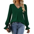 thumbnail image 4 of MORTTIC Women's Long Sleeve V-Neck Tunic Top - Dressy Casual Chiffon Blouse for Office Work and Everyday Wear, Green, XXL, 4 of 6