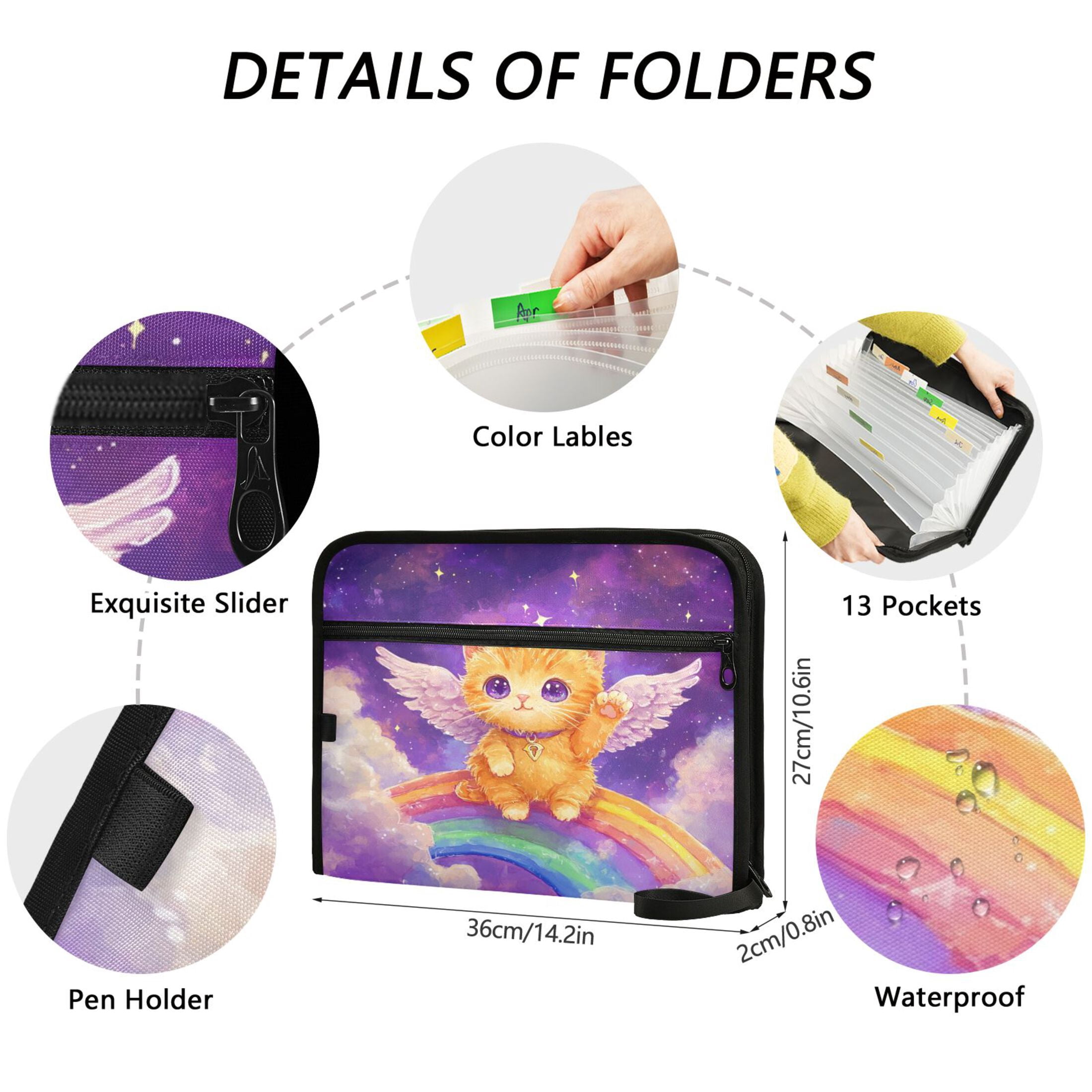 WOBOGO Rainbow Angel Cat Expanding File Folder Letter Size Accordion Filing Organizer 13 Pocket Separate Organ Pocket