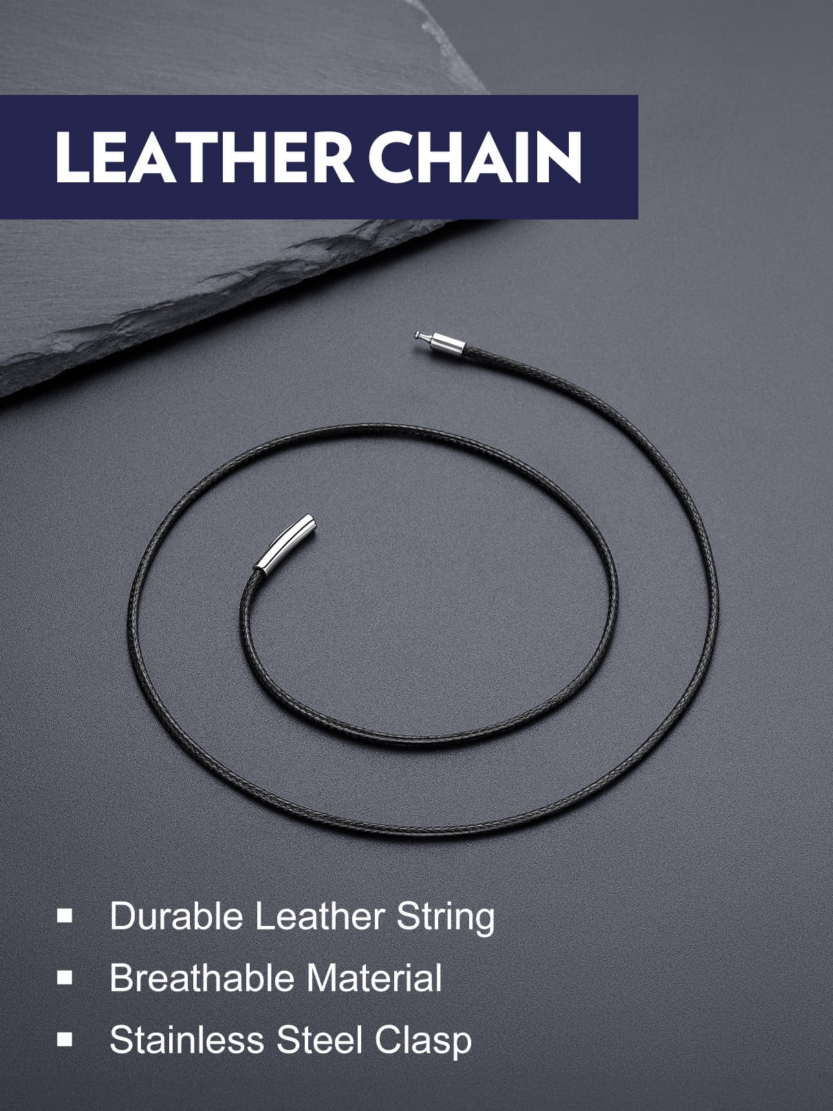 Bandmax 24 inch Braided Wax Rope Chain Necklace for Men Women Snap Clasp 2MM Wide Black Leather Cord Chain for Pendant Gift for Halloween Christmas