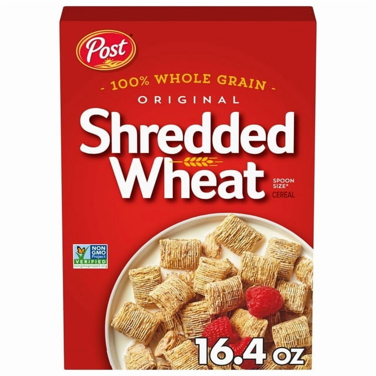 (4packs)-Post Spoon Size Shredded Wheat, Whole Grain Breakfast Cereal, High Fiber, Kosher, Crunchy 16.4oz Box