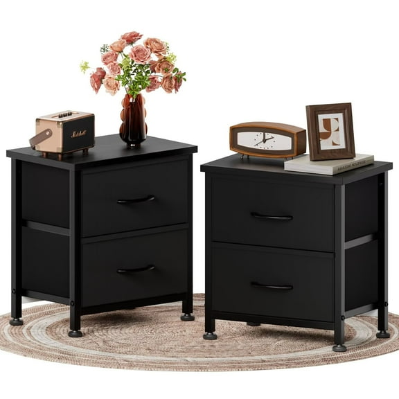 Simple Deluxe Nightstand Dresser 2 Drawers, Night Stand Set 2, Bedside Table with Fabric Bins, End Table for Living Room Bedroom, wood top Load-bearing up to 44 lb, Black