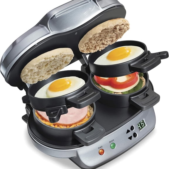 Dual Breakfast Sandwich Maker with Timer, Ready in 5 Minutes, Removable Dishwasher Safe PFAS-Free Non-Stick Egg Cooker Ring, Silver (25490MNA)