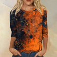 thumbnail image 2 of Halloween Themed Women's 3/4 Sleeve T-Shirt, Spooky Night Landscape Print, Comfortable Casual Top, Unique Holiday Apparel Halloween Tops for Women, 2 of 3