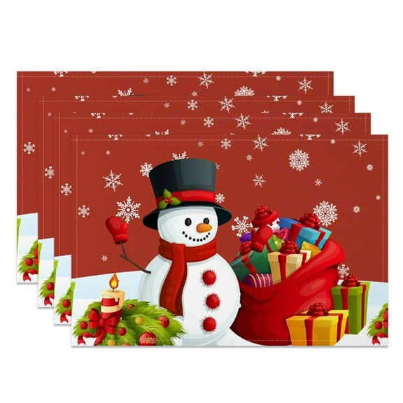 SUNOLIFE Christmas Snowman Placemats Set of 4,Red Winter Party Table Place Mats 12x18 inch