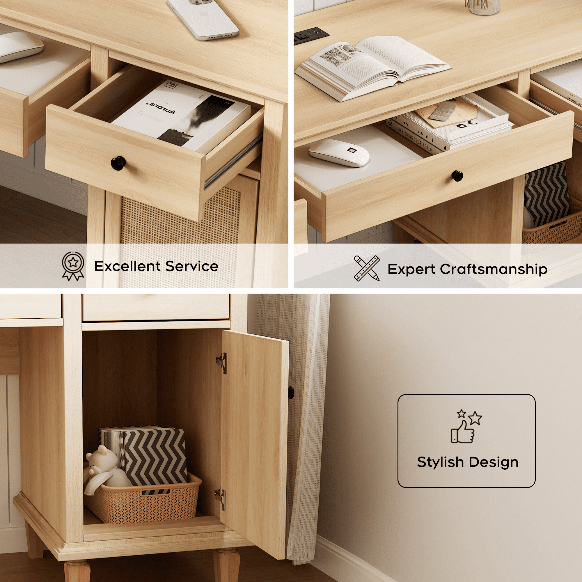 Brafab 3-Drawer Rattan Writing Desk with Storage Shelf & Power Outlets,Computer Desk with 5 Drawers and File Cabinet for Storage Home Office Desks,58.2 x 20.8 in