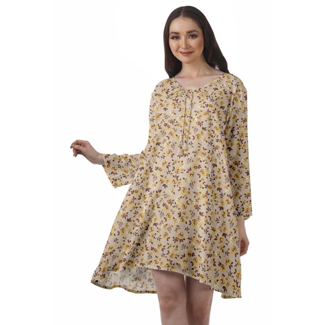 Moomaya Robe Évasée en Rayonne pour Femmes Manches Longues Imprimée Col en V Décontractée Robe de Plage pour Filles