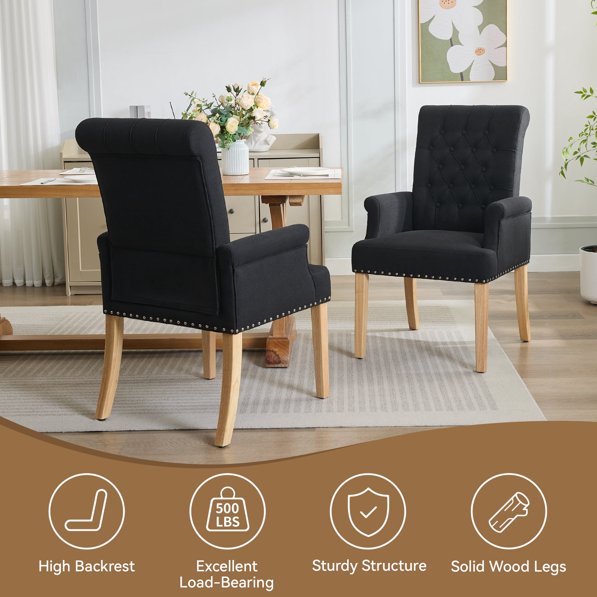 Fabric Upholstered Dining Chair with Arms, Tufted High Back Accent Coffee Armchair for Kitchen Dining Room Living Room, Black