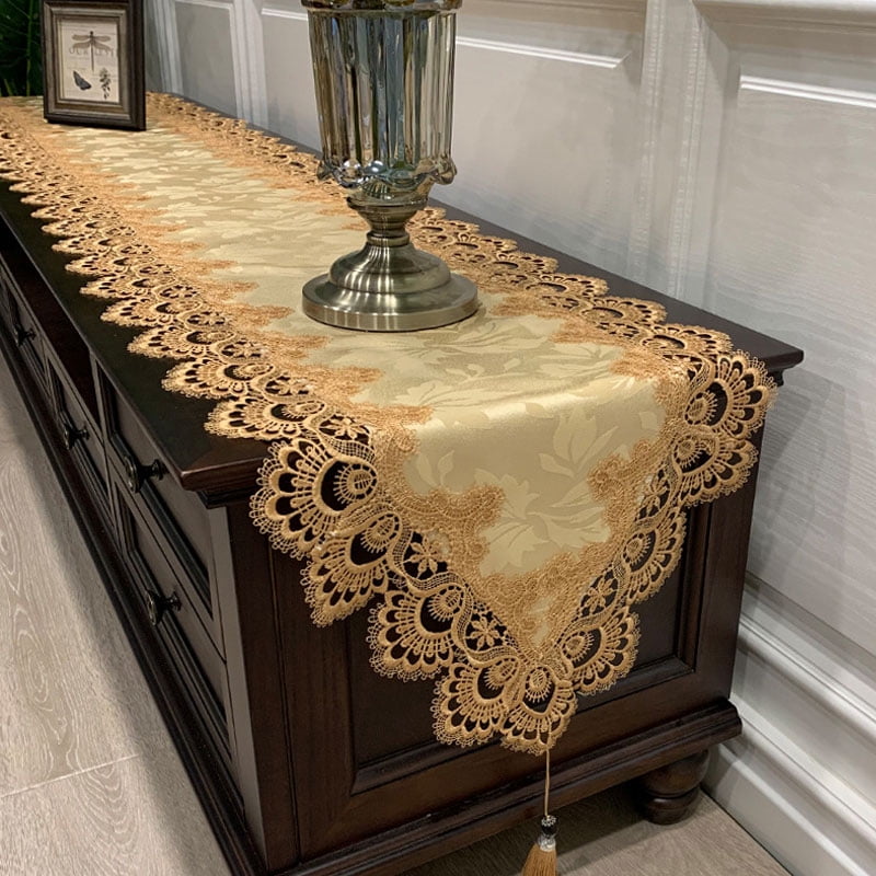 American Style Table Runner -  Lace Embroidered Rectangular Cover for Coffee Table, TV Stand & Dresser, Dustproof European Linen Tablecloth