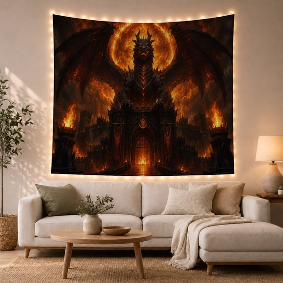 Black Dragon Above a Blazing Fortress, Dramatic Fantasy for Dragon Fans, Ember-Lit Fire Castle Art, Halloween Gift, Tapestry Wall Hanging for Bedroom and Gaming Room