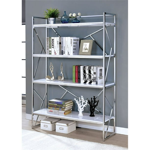 America Bettallo Metal 4 Shelf Bookcase, 84 Inch Tall Bookcase White Gloss