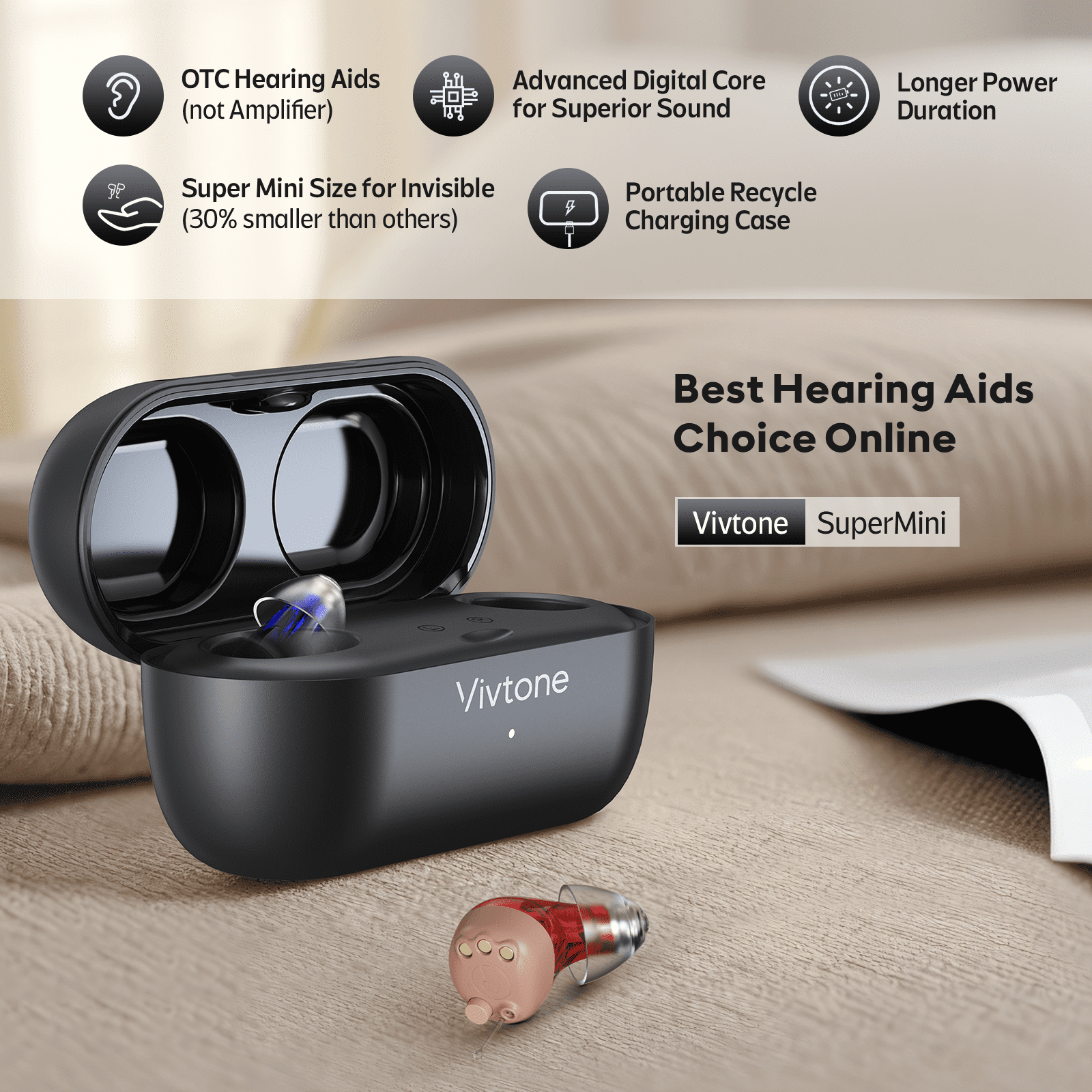 Vivtone Supermini Rechargeable, Digital CIC(Completely in Canal) Hearing Aids, for Seniors Adults, OTC, Pair