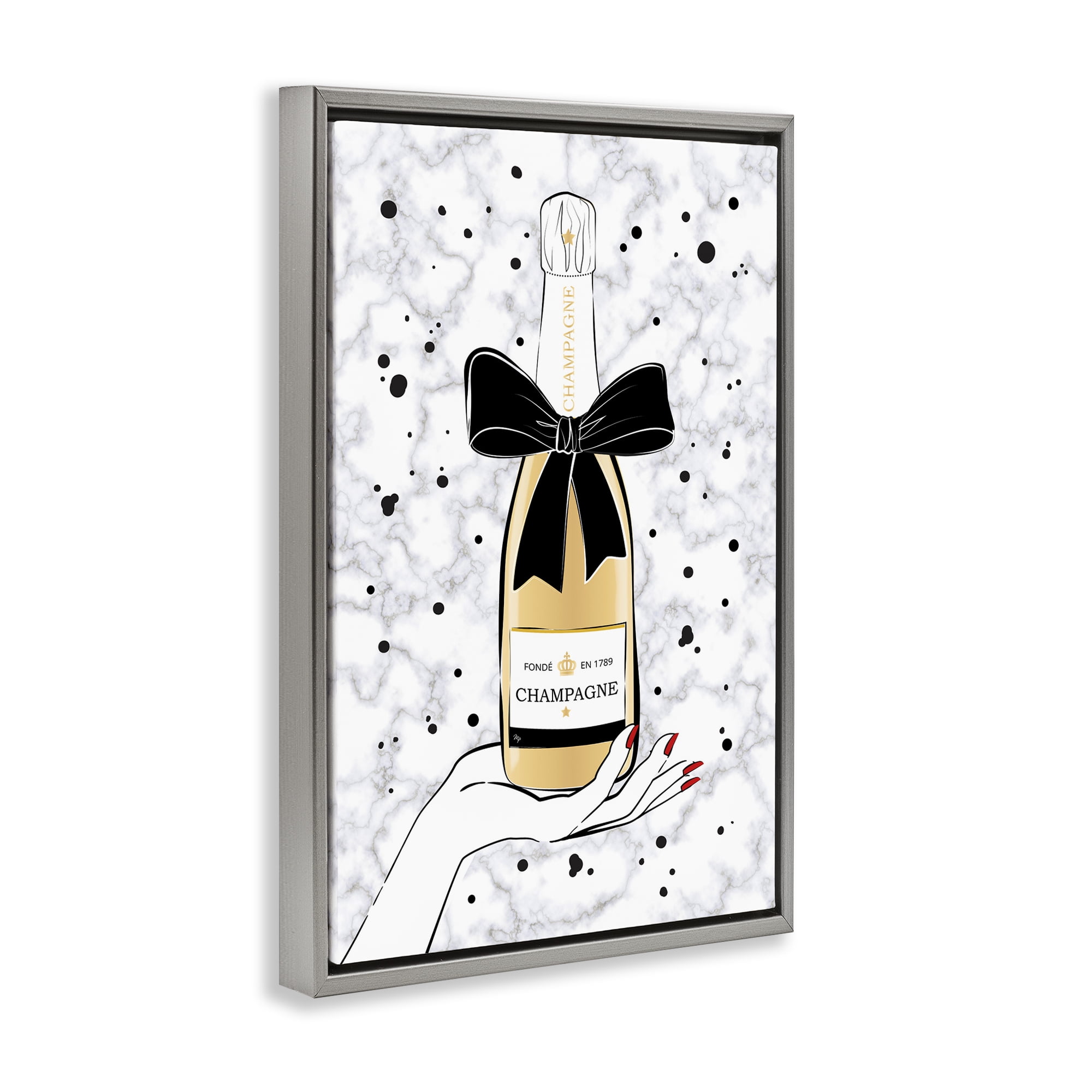 Stupell Industries Holding Champagne Bottle Food & Beverage Painting Gray Floater Framed Art Print Wall Art, 21 x 31