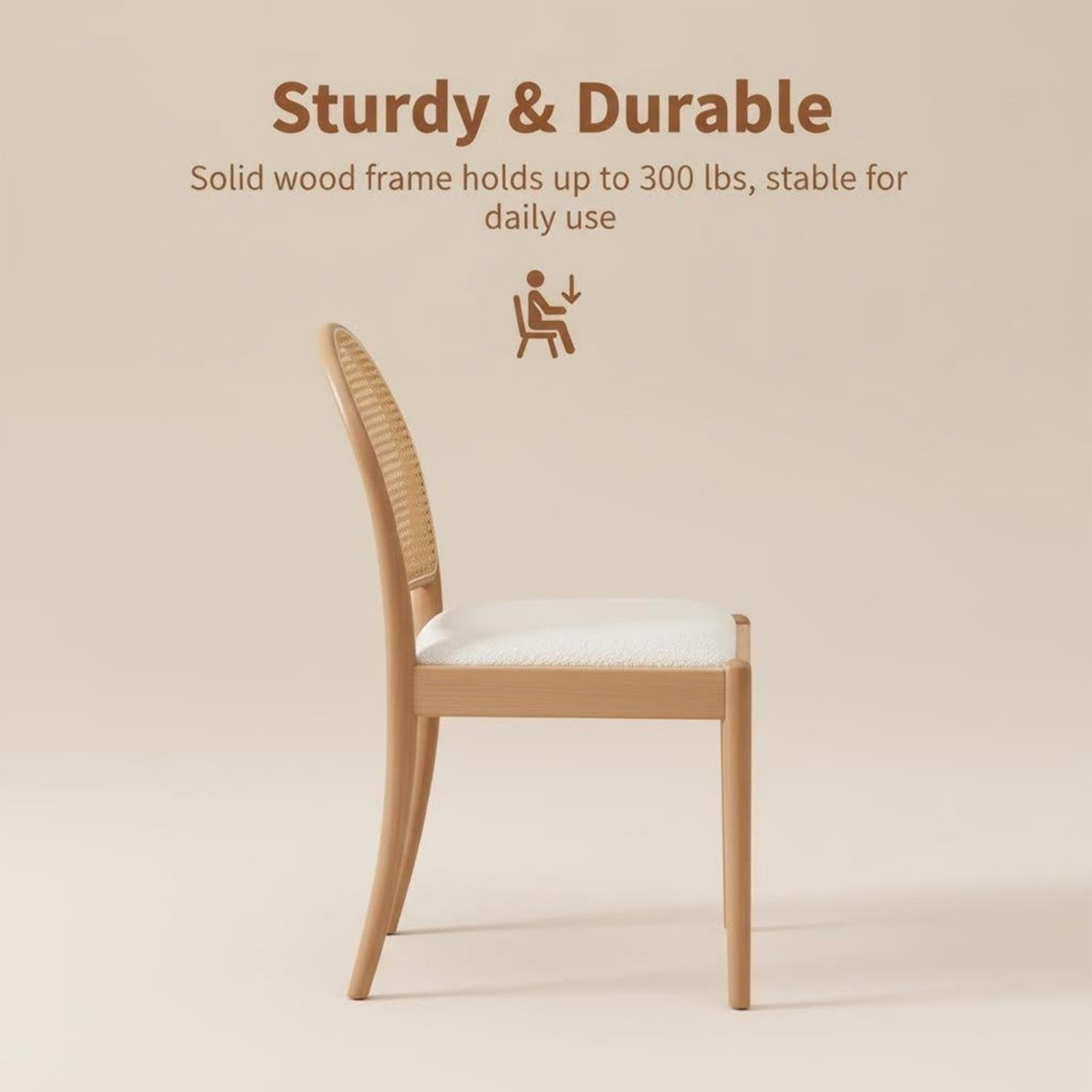 Rattan Dining Chairs Set of 2 Upholstered Linen Dining Room Chairs with Wood Legs & Backrests, Modern Kitchen Side Chairs for Dining Room, Beige