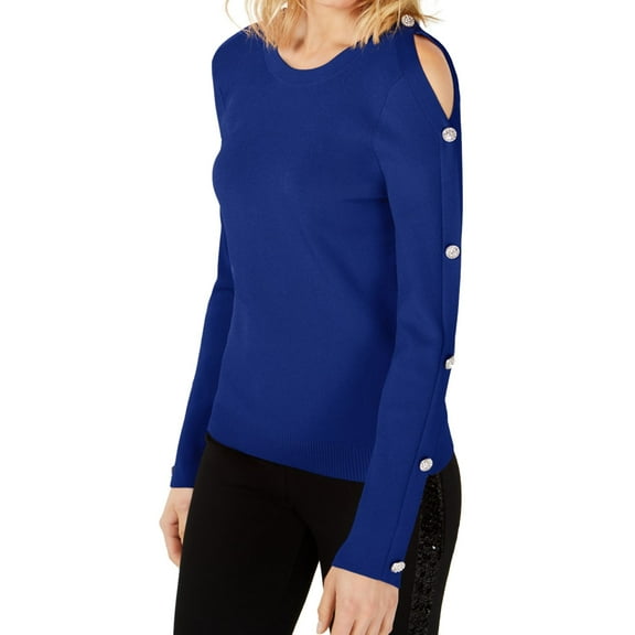 I.N.C Womens Buttoned Sleeve Pullover Sweater, Blue, Large