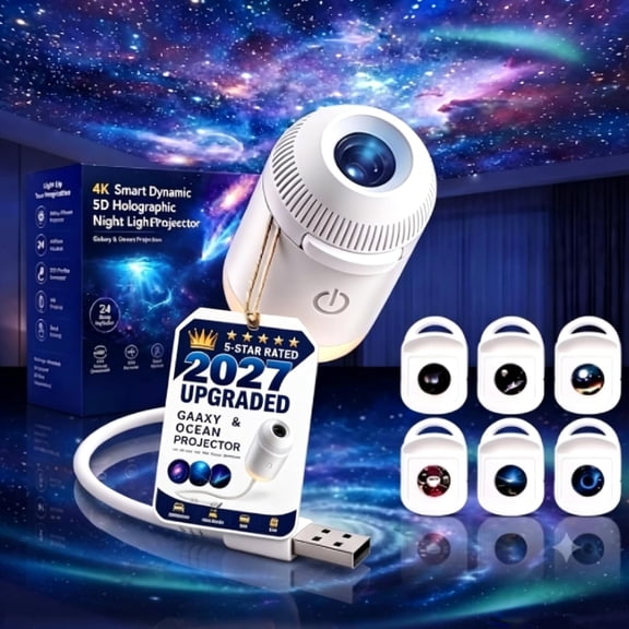 2027 Upgrade HD Smart 5D Holographic Night Light Projector, Plug and Play HD Star Projector, 360 Rotating, USB Powered, Galaxy Projectors LED Night Ligh for Bedroom (with 6 Films)