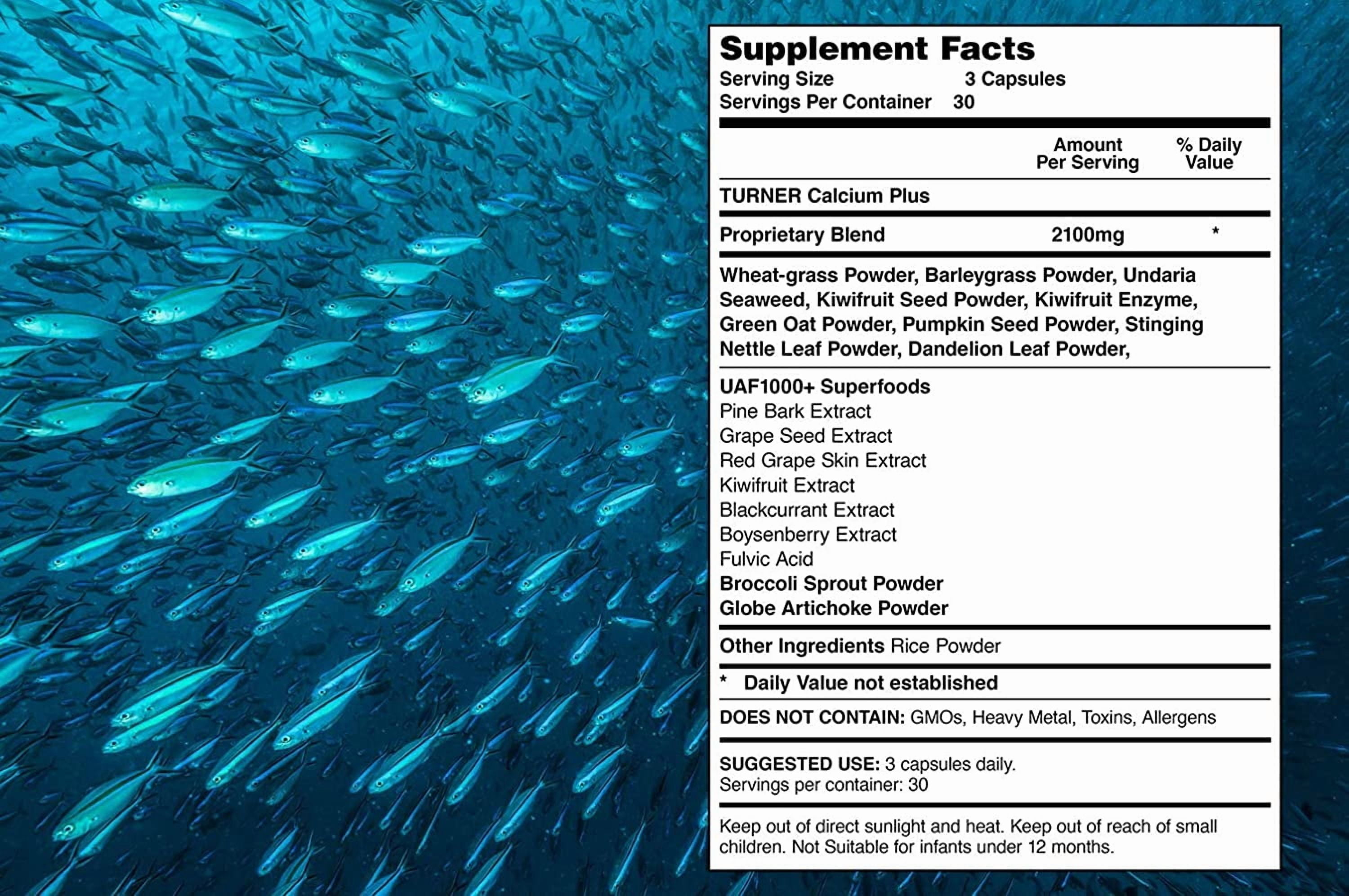 TURNER Calcium Plus All-Natural Marine Calcium Supplement for Bone Density & Joint Health, Wild-Caught Fish Bone Powder, 90 Capsules