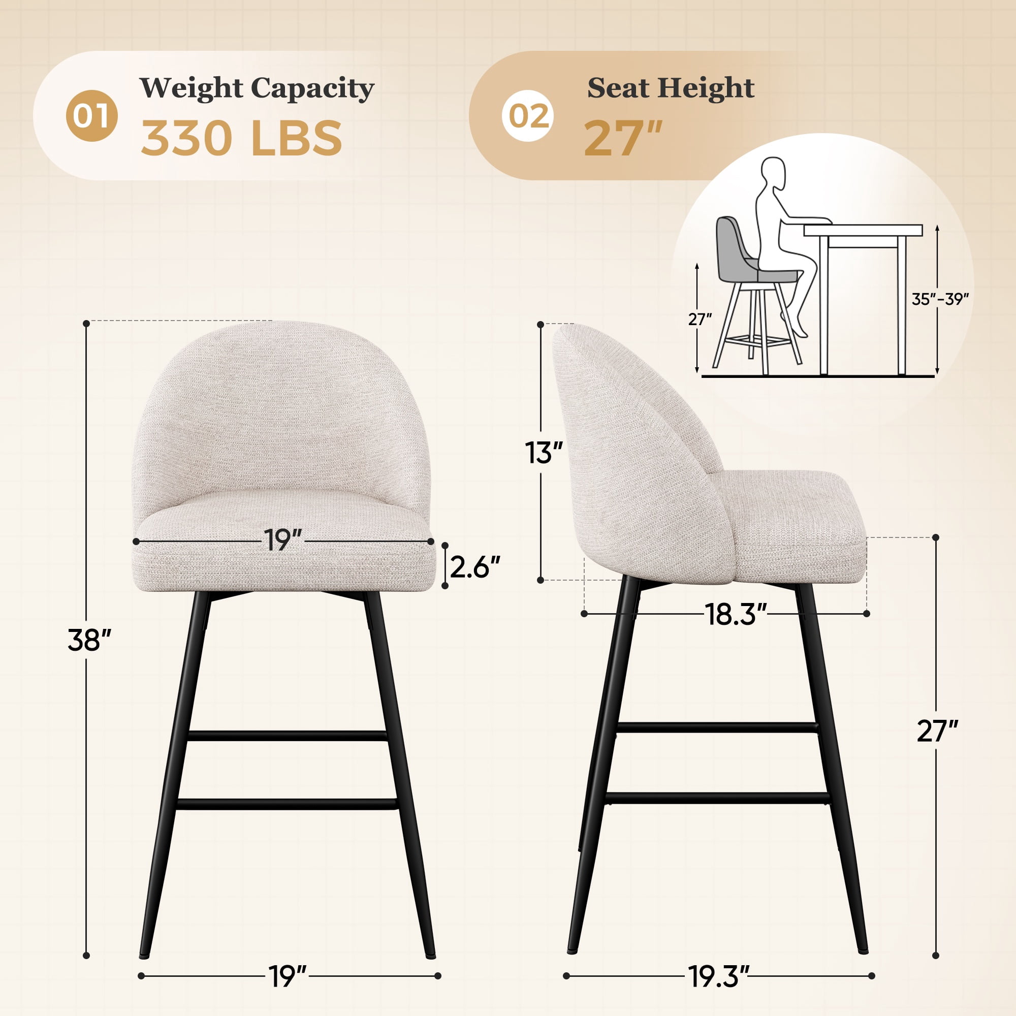 CDCASA Swivel Counter Height Bar Stools Set of 3, 27" Seat Height Modern Barstools with Back and Metal Legs, Chenille Upholstered Kitchen Island Chairs, Beige