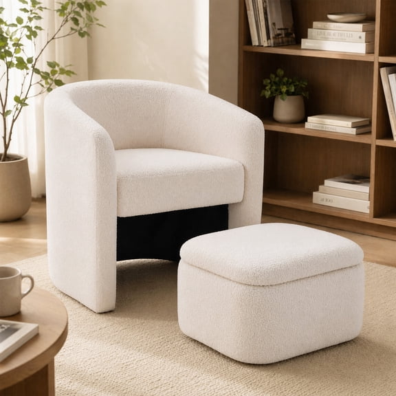Ebello Accent Chair with Storage Ottoman, Soft Plush Lounge Barrel Armchair and Ottaman with Caster Wheels & Storage for Living Room Bedroom, Beige