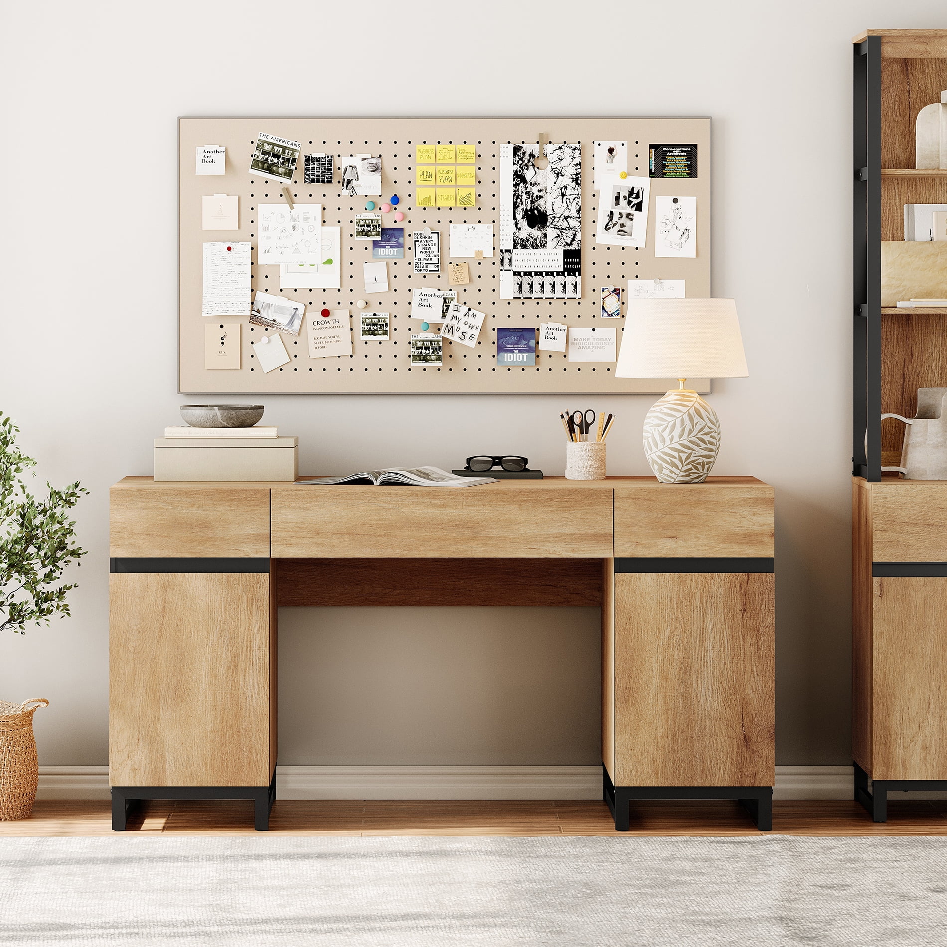 WAMPAT Home Office Furniture Set: 59in Modern Executive Desk with Charging Station and Drawers and Three 72in Tall Bookcases , Home Office Furniture for Living Room, Bedroom, Oak