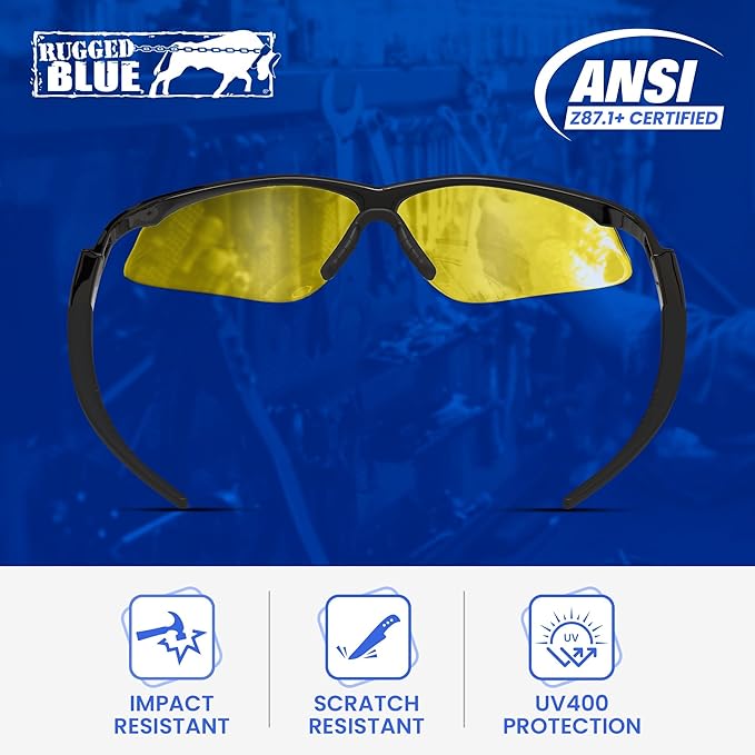 Mojave Amber Safety Glasses for Men/Women | ANSI Certified Eye Protection Glasses and Protective Eyewear | Anti-Scratch Coating and Wrap Around One-Piece Design Work Glasses - 3 Pack