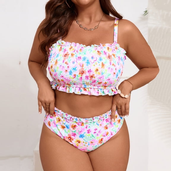 Women's Plus Size Two-Piece Bikini Set Split Swimsuit, Comfortable Swimwear for Beach, Pool, and Vacation, Ideal for Spring Break and Summer Activities Pink L