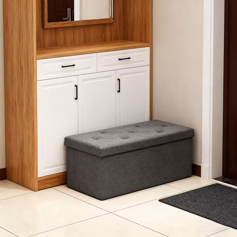 43" Foldable Storage Ottoman Bench with Bins, Padded Footrest Stool for End of Bed, Living Room and Entryway, Holds up to 800 lbs, Gray