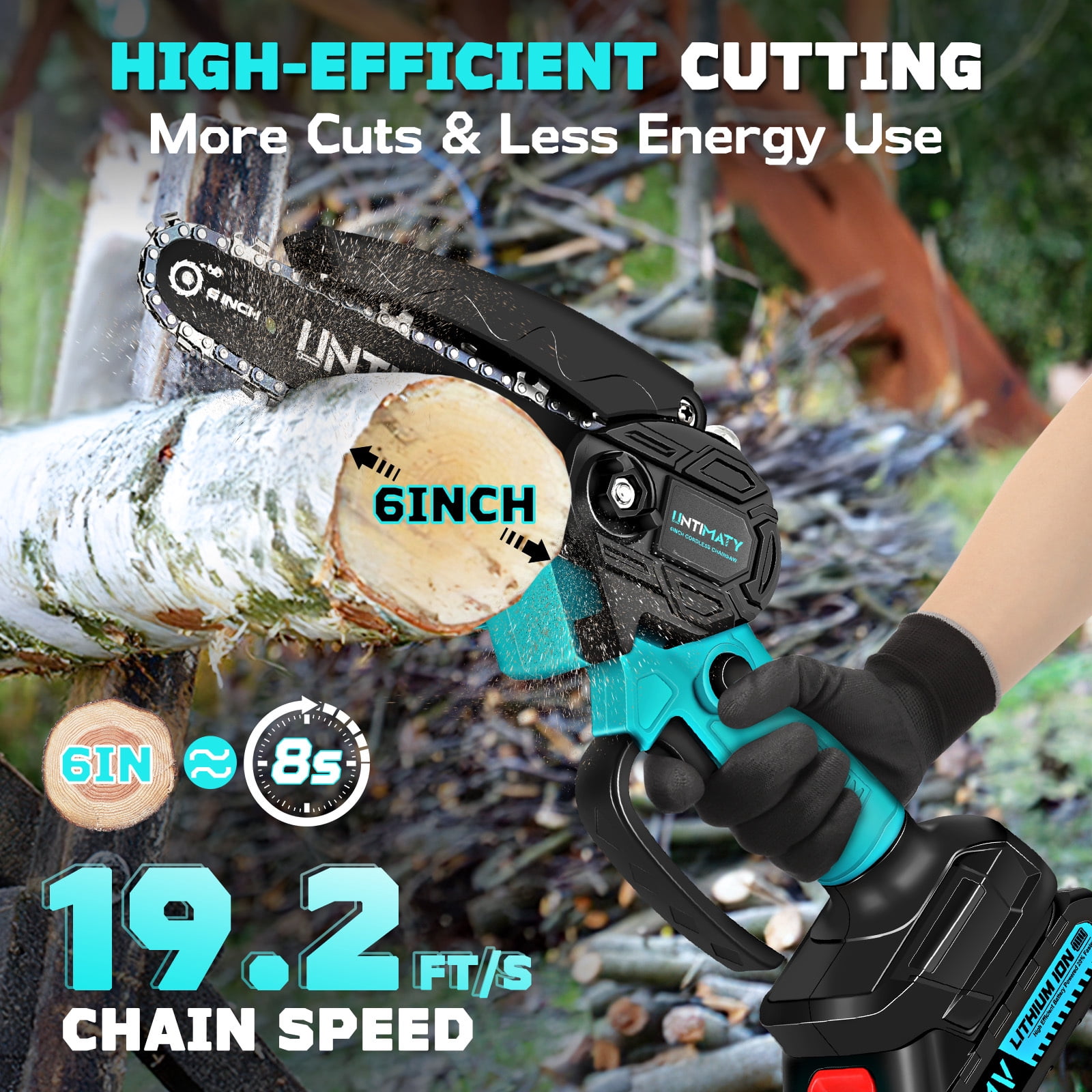 UNTIMATY Mini Chainsaw 6 inch Cordless Handheld Electric Chain Saw with 2 Batteries and Charger for Trees and Wood, Blue