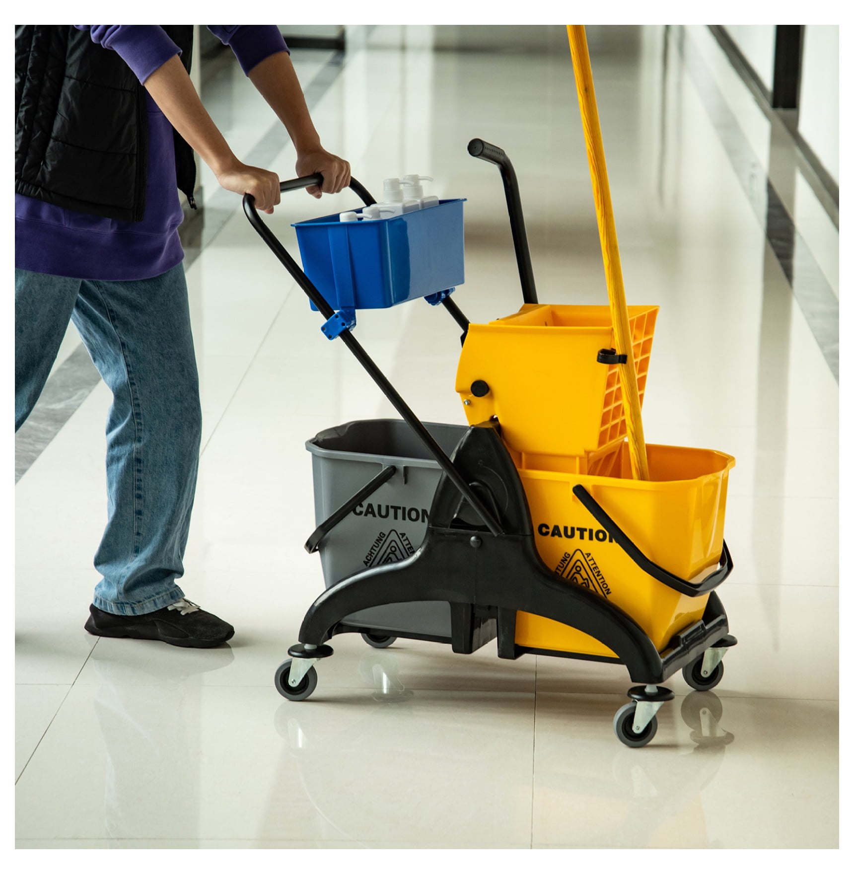 6.9 Gallon Mop Water Bucket Wringer Cart with Easy to Use Side Press Wringer, Smooth Wheels, Mop-Handle Holder