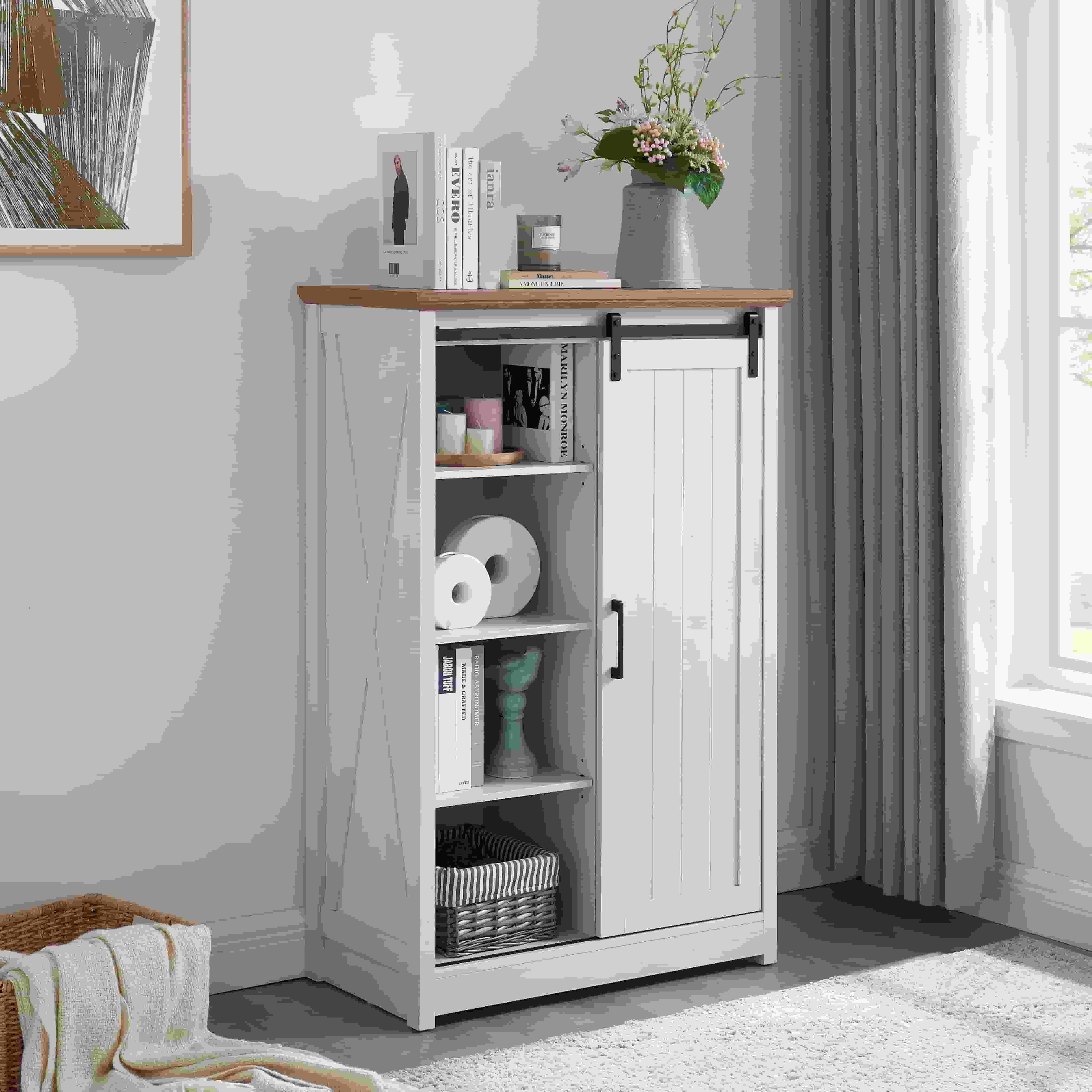 Aukfa 5 Drawers Dresser, Tall Dresser 5 Chest of Drawers w/Sliding Barn Door for Bedroom, Hallway,White