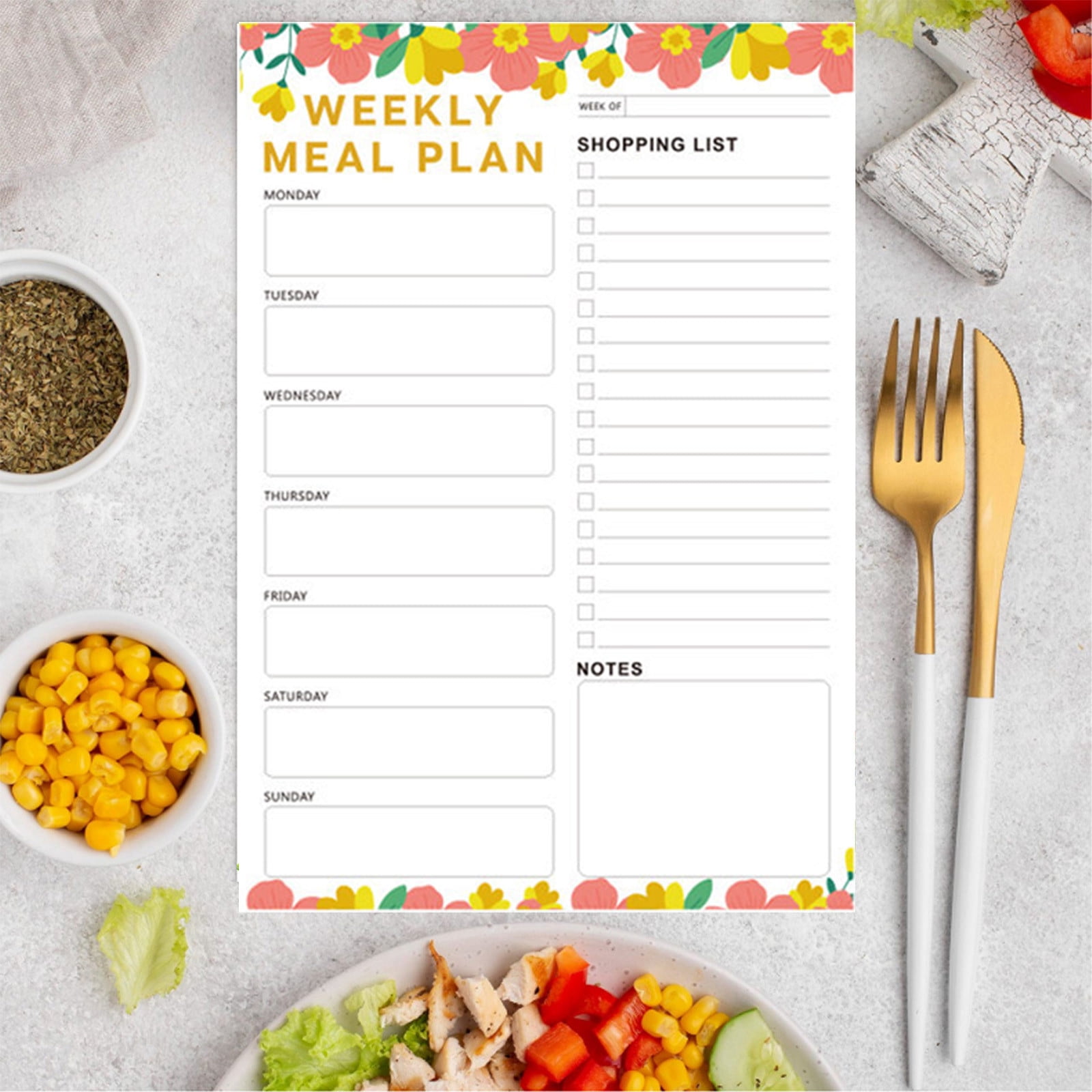 60 Sheets Meal Planner for Fridge, Magnetic Meal Planner and Grocery List, Weekly Meal Planner with Tear off Shopping List for Meal Planning and Shopping, 7x10'' Flower Design