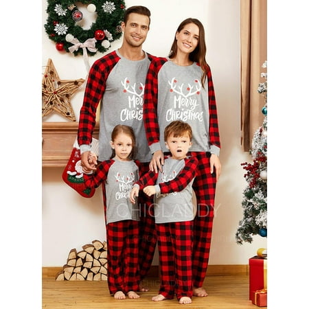 

Christmas Matching Family Pajama Set Christmas Pajamas with Letters and Check Print Long Sleeve T-Shirts and Bottoms Homewear