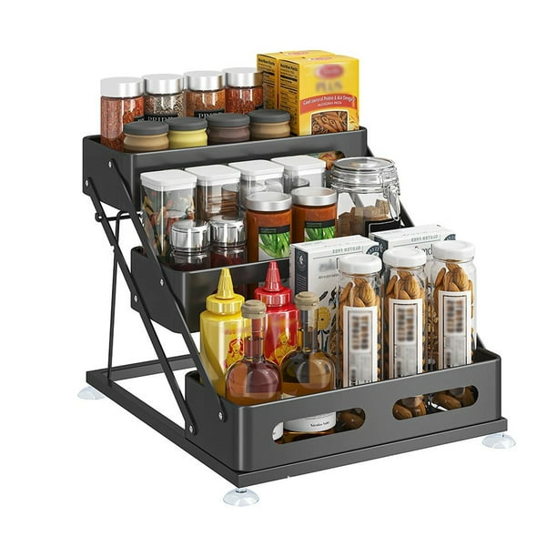 Bewildely Organizador de especias plegable de tres niveles. Resistente, elegante y de gran capacidad. Ideal para armarios. Almacenamiento y organización del hogar negro riel guía ajustable