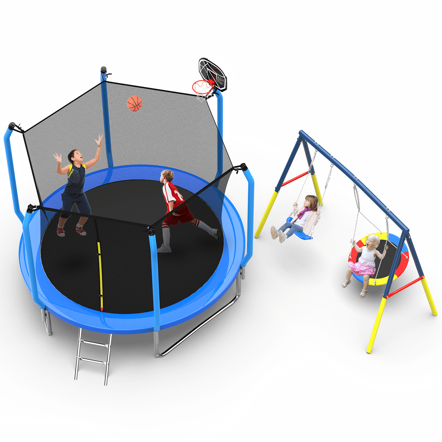 Mersco 10FT Trampoline with Enclosure Net,Swing Set, Outdoor Trampoline with Basketball Hoop for Kid,Jumping Trampoline with Swing Set for Backyard,Birthday and Holiday Gifts for Kids,Blue