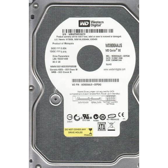 WD800AAJS-00PSA0, DCM DARNNTJAA, Western Digital 80GB SATA 3.5 Hard Drive