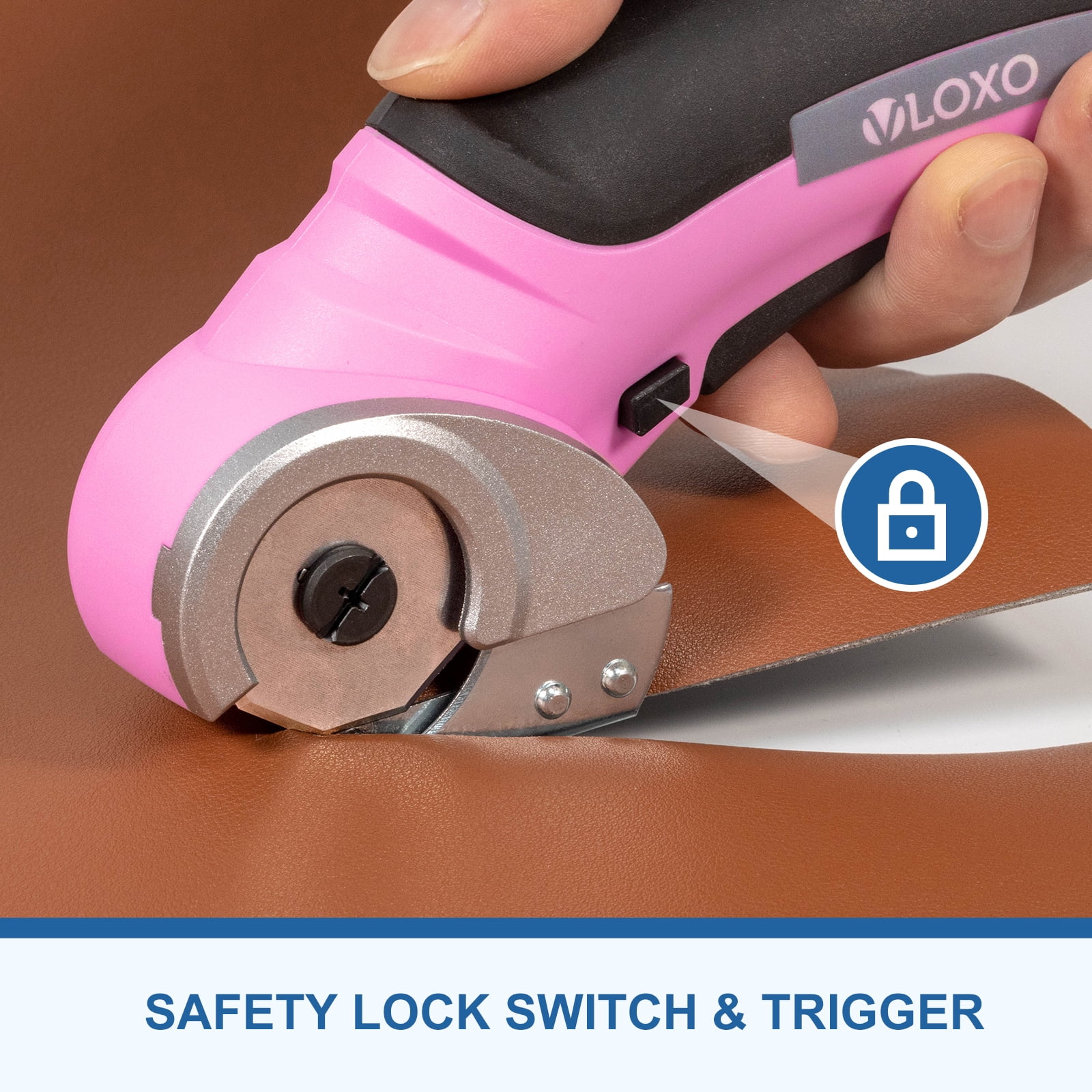 VLOXO Cordless Electric Scissors, Cardboard Cutter with Safety Lock 4.2V Electric Mini Cutter Power Rotary Scissors for Leather Felt Rug Box with Storage Box Pink