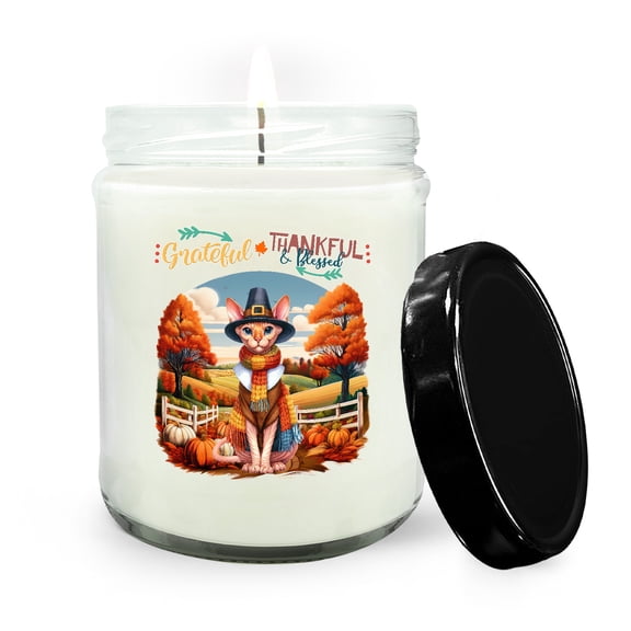 Thanksgiving Sphynx Pilgrim Grateful, Thankful, Blessed Fall Welcome Soy Wax Candle Cat Lover Kitten Owner Gifts Idea 16oz White Vanilla Candle - 00021