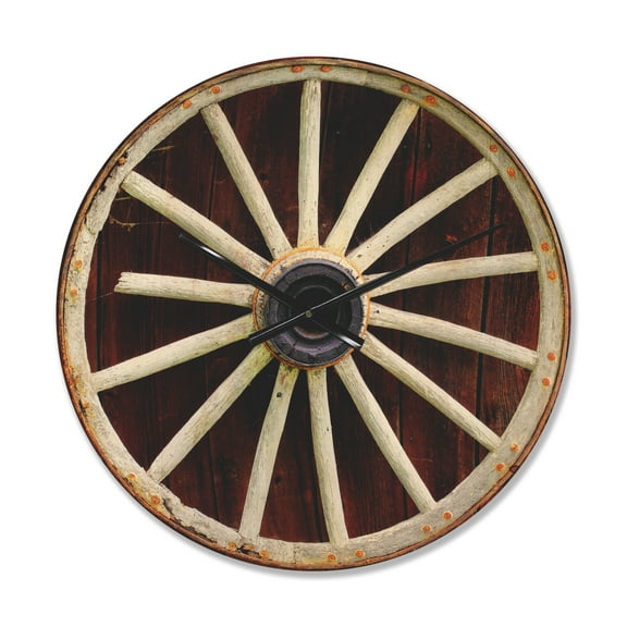Designart 'Country Wagon Wheel on Wooden' Farmhouse Wood Wall Clock