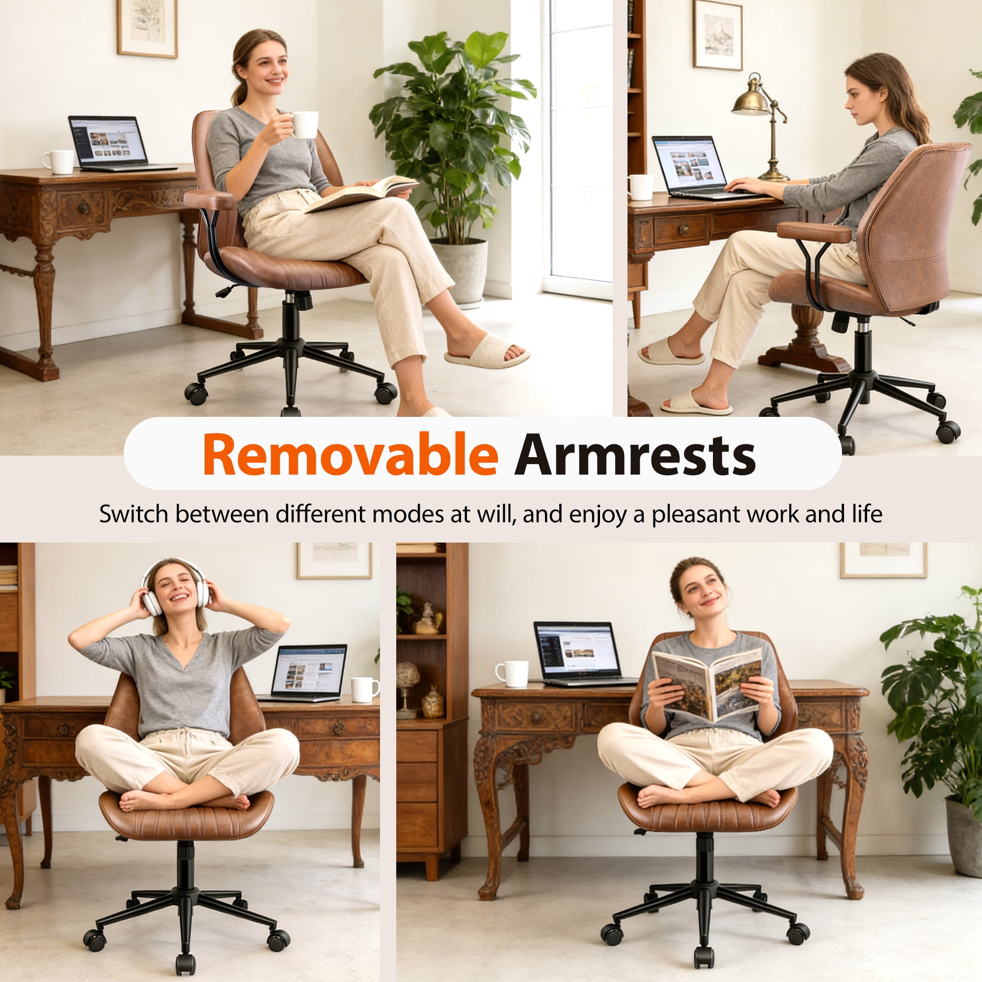 COOLHUT Home Office Chair, PU Leather Ergonomic Computer Desk Chair with Removable Armrests, Mid Century Modren Armrest Office Chair, Rocking Swivel Task Chair, Brown