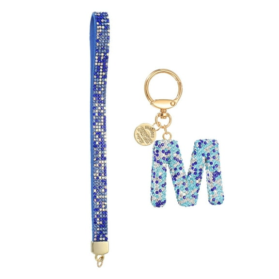 Initial Letter Keychain for Women, Rhinestone Alphabet M Key Chain Sparkly Keychain Charm with Heart for Backpack Handbag Car Key Accessories Lanyard, Blue