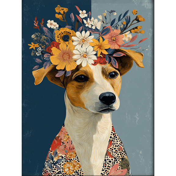 Qisvanset Dog with Floral Crown Canvas Wall Art 15.75x11.81 Inches