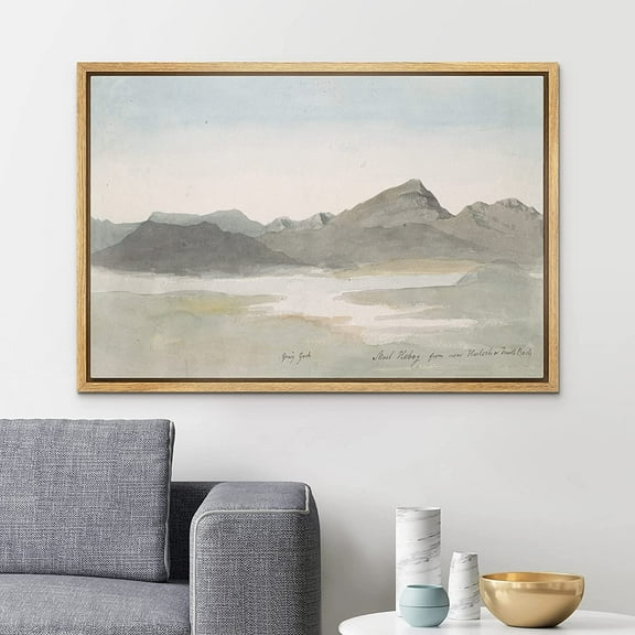 PixonSign Framed Canvas Print Wall Art Pastel Mountain Range Valley River Nature Wilderness Illustrations Modern Art Decorative Minimal Rustic for Living Room, Bedroom, Office - 24"x36" Natural