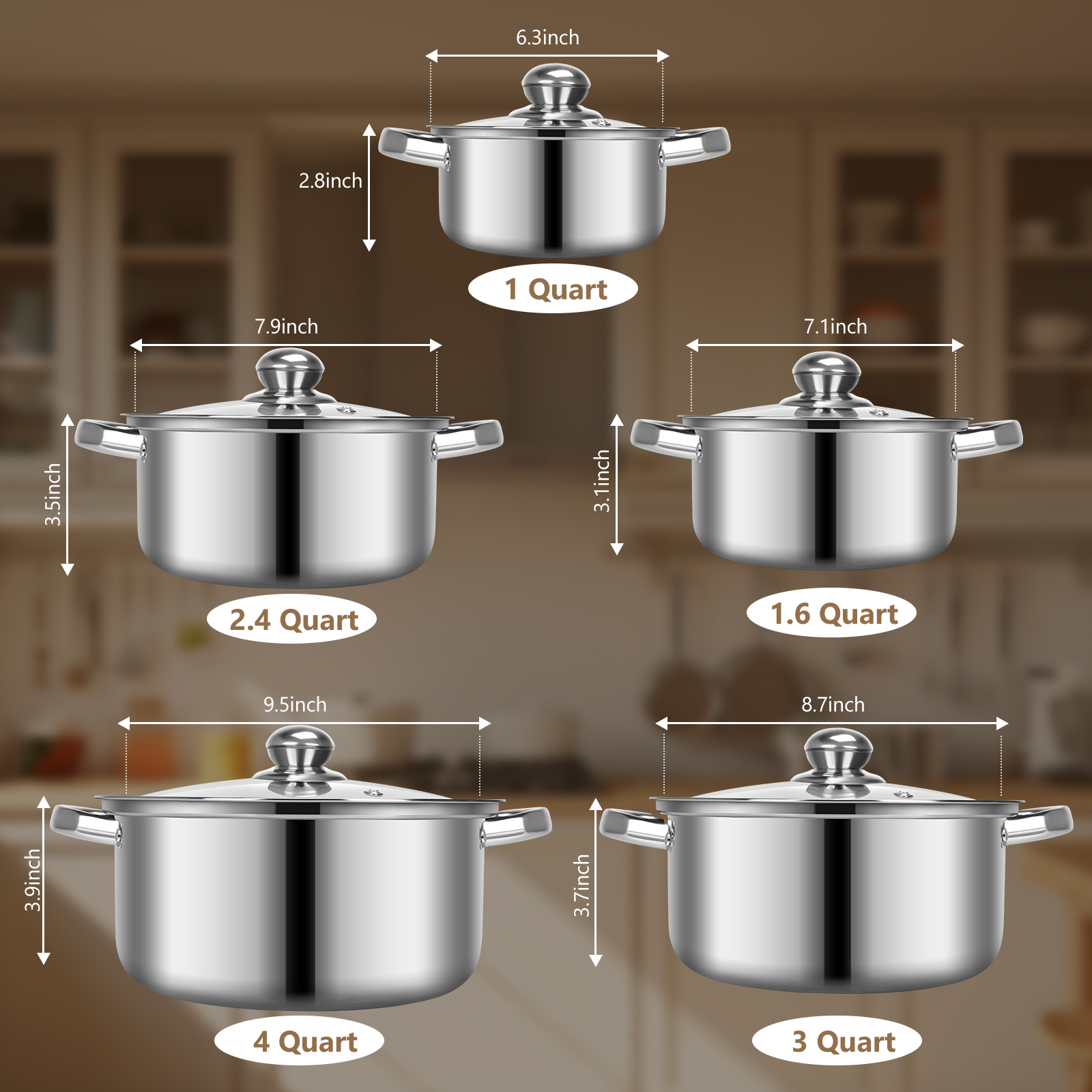 SSAWcasa Cookware Set, Stainless Steel Soup Pots with Glass Lids, Pasta Pot Stock Pot Cooking Pot for All Stoves, Dishwasher Safe - 10 Pieces Set, Silver