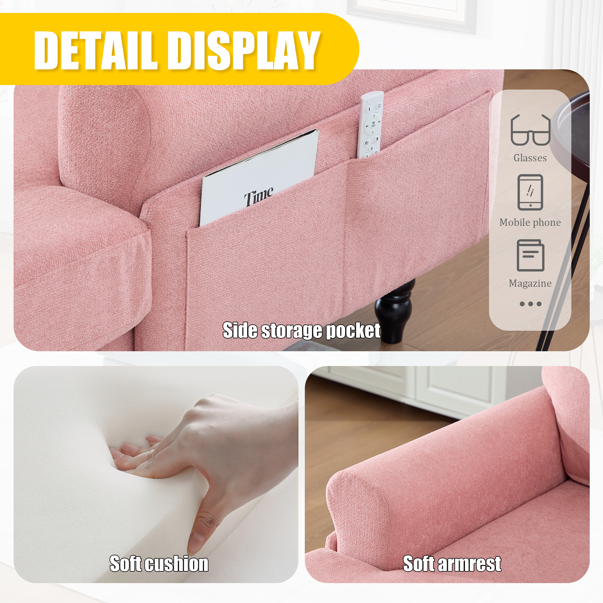 MOONMISS Chenille Upholstered Wood Frame Recliner Single Sofa with Comfortable Backrest and Armrests-Pink