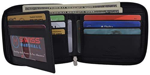 Swiss Marshall Men's Zipper RFID Blocking Premium Leather Zip-Around ID Bifold Wallet (Black)