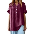 thumbnail image 5 of Women's Plus Size Cotton Linen Tunic, V Neck Half Button Down Casual Blouse, 3/4 Sleeve Relaxed Fit Top for Daily Wear, Work, Dating and Versatile Outfits Wine XXXL, 5 of 5