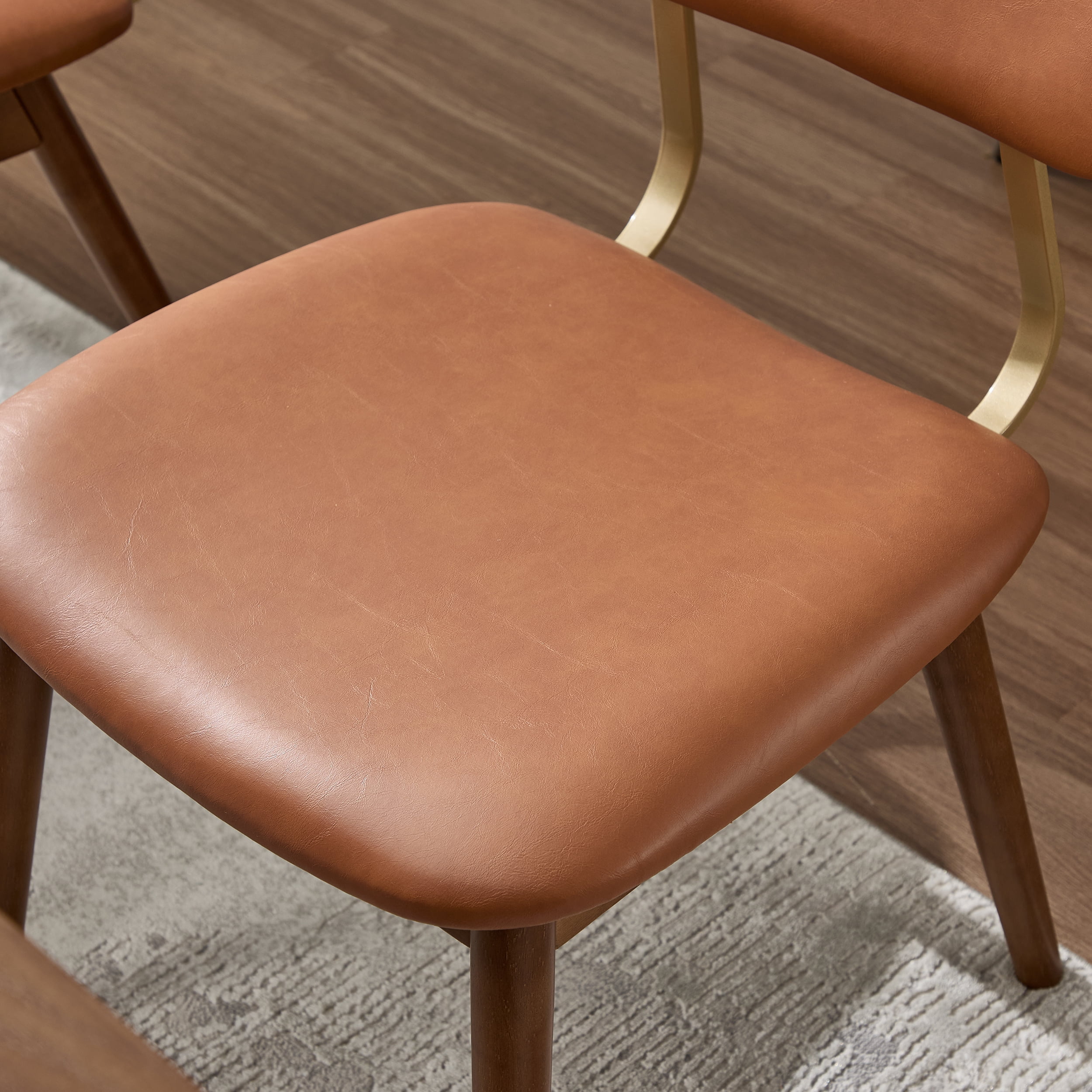 Garitin Dining Chair Set of 2 and Wooden Side Chairs, Vinyl Upholstered Seating with Curved Backrest for Kitchen and Dining Room, Brown