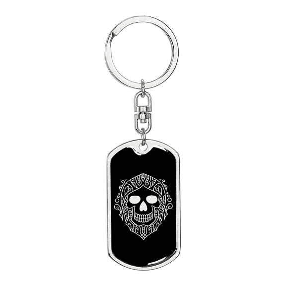 Calavera Mexican Sugar Skull 90 Stainless Steel or 18k Gold Premium Swivel Dog Tag Keychain