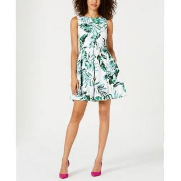 Taylor Women's Leaf-Print Fit & Flare Dress White Size 14