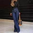 thumbnail image 2 of Women Jeans Ankle Length Boot Cut Spliced Flare Pants Denim Pockets Loose Washing High Waist Solid Button Basics Zipper Fly tzw, 2 of 6