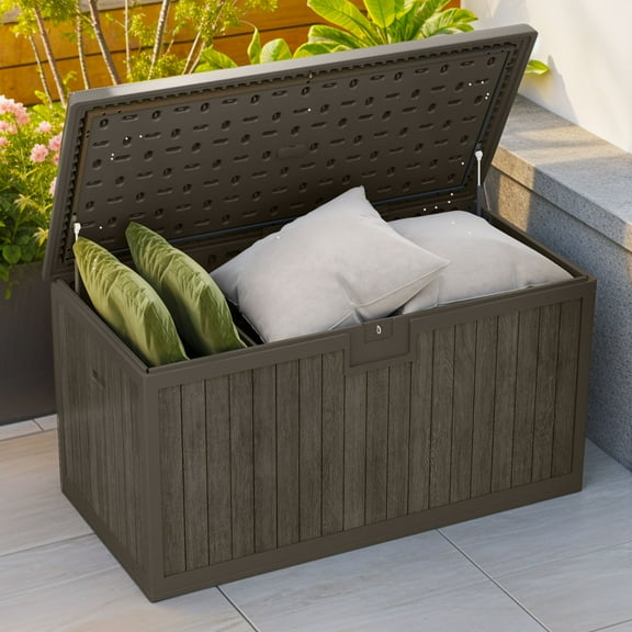 Uforic 230 Gallon Extra Large Outdoor Deck Box, Double-Wall Resin Storage Box with Divider & Side Handles, Lockable, Weatherproof, Light Brown